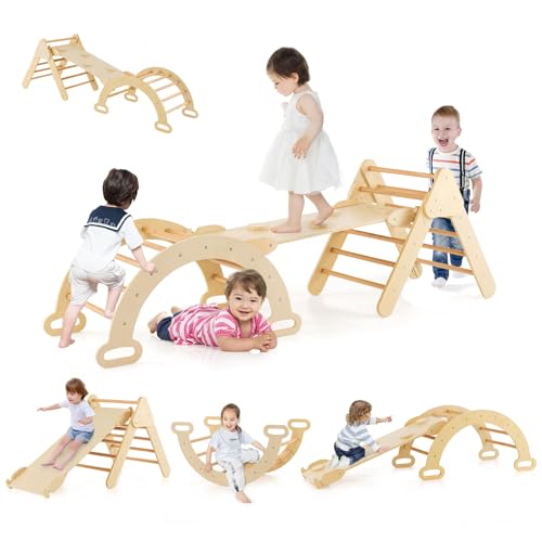 GOPLUS 7 en 1 Triángulo de Escalada para Niños de 1 Año+, Montessori Escalador con Tobogán Rampa Arco, Juguetes de Escalada de Madera, Slide Aprendizaje para Guardería Casa, Carga 50 kg, Natural