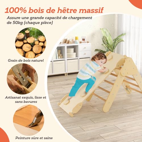 GOPLUS 7 en 1 Triángulo de Escalada para Niños de 1 Año+, Montessori Escalador con Tobogán Rampa Arco, Juguetes de Escalada de Madera, Slide Aprendizaje para Guardería Casa, Carga 50 kg, Natural