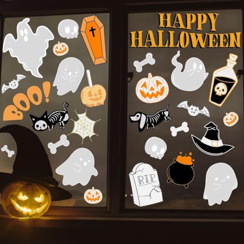 Haus Projekt Niño Halloween Decoración 62 Uds, 8x Hojas A4, Pegatinas Halloween Decorativas Reutilizables, Fiesta de Halloween, Pegatinas de Murciélago Esqueleto Gato Calabaza Fantasma