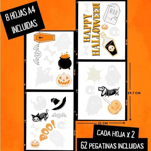 Haus Projekt Niño Halloween Decoración 62 Uds, 8x Hojas A4, Pegatinas Halloween Decorativas Reutilizables, Fiesta de Halloween, Pegatinas de Murciélago Esqueleto Gato Calabaza Fantasma