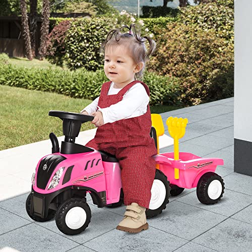 HOMCOM Tractor para Niños de 12-36 Meses con Remolque Extraíble Coche Correpasillos con Bocina Faros Pala Asiento de Suelo 25 cm y Rastrillo Carga 25 kg 91x29x44 cm Rosa