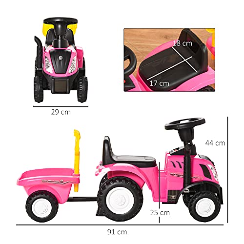 HOMCOM Tractor para Niños de 12-36 Meses con Remolque Extraíble Coche Correpasillos con Bocina Faros Pala Asiento de Suelo 25 cm y Rastrillo Carga 25 kg 91x29x44 cm Rosa