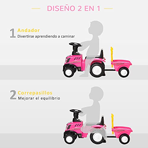 HOMCOM Tractor para Niños de 12-36 Meses con Remolque Extraíble Coche Correpasillos con Bocina Faros Pala Asiento de Suelo 25 cm y Rastrillo Carga 25 kg 91x29x44 cm Rosa