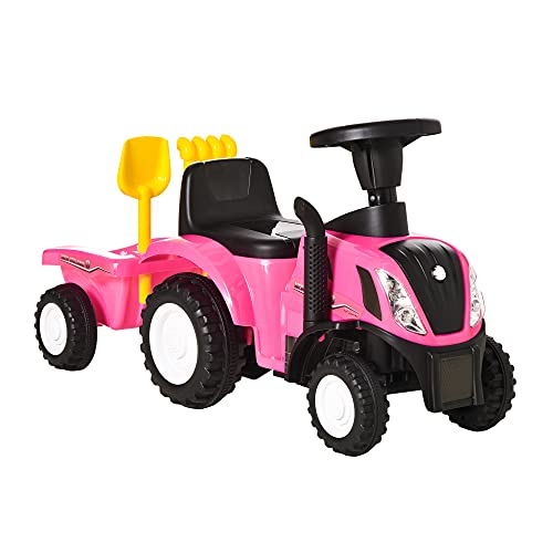 HOMCOM Tractor para Niños de 12-36 Meses con Remolque Extraíble Coche Correpasillos con Bocina Faros Pala Asiento de Suelo 25 cm y Rastrillo Carga 25 kg 91x29x44 cm Rosa