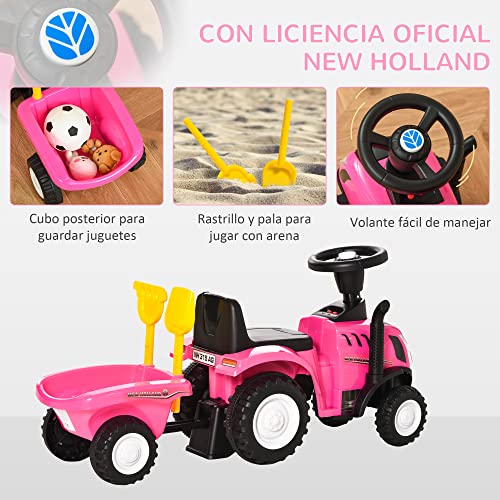 HOMCOM Tractor para Niños de 12-36 Meses con Remolque Extraíble Coche Correpasillos con Bocina Faros Pala Asiento de Suelo 25 cm y Rastrillo Carga 25 kg 91x29x44 cm Rosa