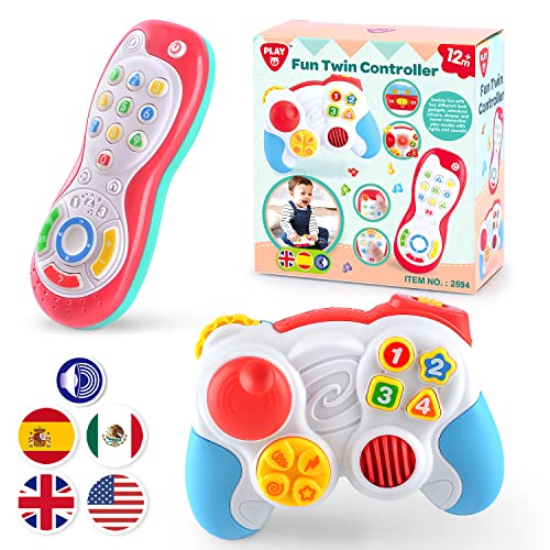 Juguete controlador de bebé – Juguetes bilingües de aprendizaje en español e inglés, control de videojuegos de simulación y combo de control remoto de TV con música y luz, regalo de cumpleaños de