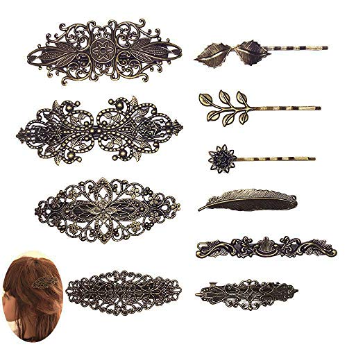 Jurxy 10PCS Lado de aleación de Metal Pinzas Cabello Flequillo Pasadores de Pelo Antiguo Horquilla para Mujeres niñas Peinado Grueso Tocado Accesorios para el Cabello - Bronce