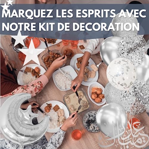 Kit de decoración Aid Mubarak 40 elementos: friso en letras árabe exclusiva, 1 globo luna + 3 estrellas, 3 globos confeti, 30 globos + 1 cinta de 5 m y 100 pastillas autoadhesivas. Plata Silver