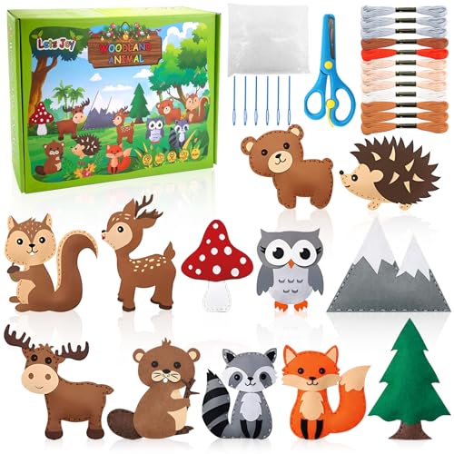 Lets Joy 12 Piezas Kit Costura Niños, Kit de Costura Fieltro Animales Niños, Juego de Manualidades Coser Kit, Fieltro de Animales del Bosque, Principiantes Educativos Regalo de Cumpleaños