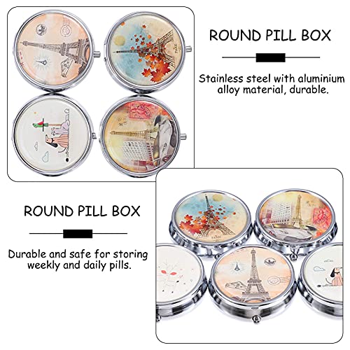 LIXBD 7 fundas decorativas para píldoras redondas de metal elegante caja de píldoras portátil de medicina tableta organizador de vitaminas con 3 componentes para monedero bolsillo regalo de viaje