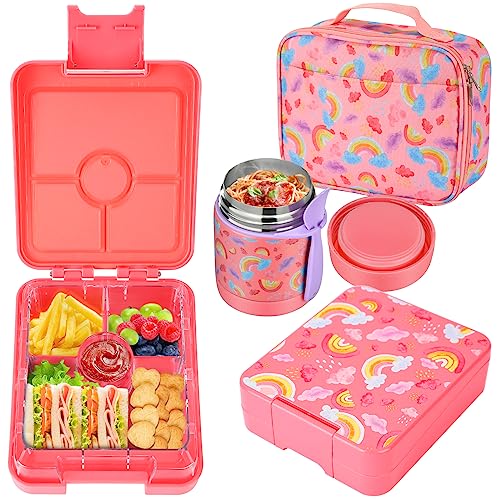 LOGEEYAR Fiambrera Bento Box para niños con 300ml Termo para Comida, compartimentos,Bolsas isotérmicas para el almuerzo,Lunchbox,Fiambrera ideal para guardería y escuela,Arco Iris