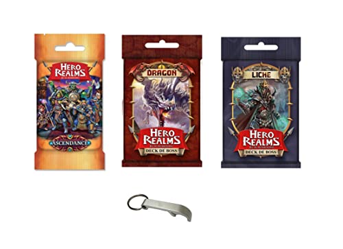 Lote Hero Realms 3 Decks: Ascendencia + Boss Liche + Boss Dragon versión francesa + 1 abrebotellas Blumie (Liche Dragon Ascendance)