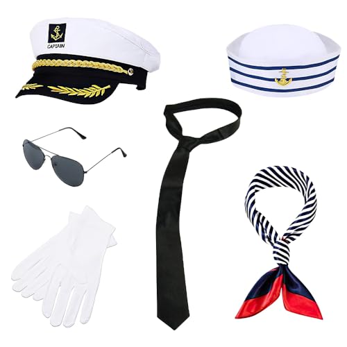 LUFEIS Juego de Disfraz de Capitán Marinero,6 Piezas Gorra Capitan Barco,Gorro Marinero,Bufanda,Gafas de Sol,Guantes,Corbata,Disfraz Marinero Hombre Señora,Sombrero de Fiesta para Niños Adultos