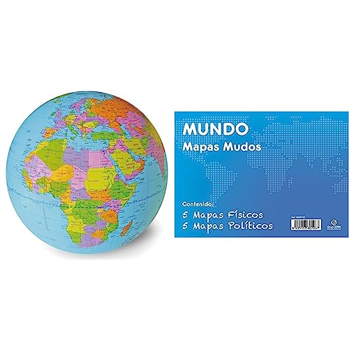 Mapiberia Globo Terráqueo Hinchable Bolamundo Castellano, 40 cm, Azul & Pack mapas mudos Mundo (5+5)