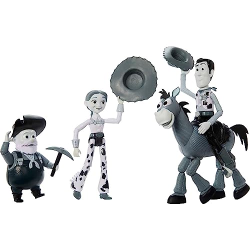 Mattel Disney Pixar Toy Story Woody Roundup Pack 4 figuras en blanco y negro, Woody Jessie Bullseye Stinky Pete personajes monocromáticos de la película escala de 7 pulgadas (exclusivo de Amazon)