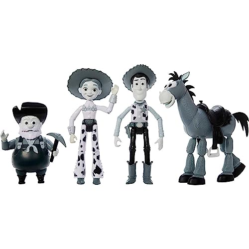 Mattel Disney Pixar Toy Story Woody Roundup Pack 4 figuras en blanco y negro, Woody Jessie Bullseye Stinky Pete personajes monocromáticos de la película escala de 7 pulgadas (exclusivo de Amazon)