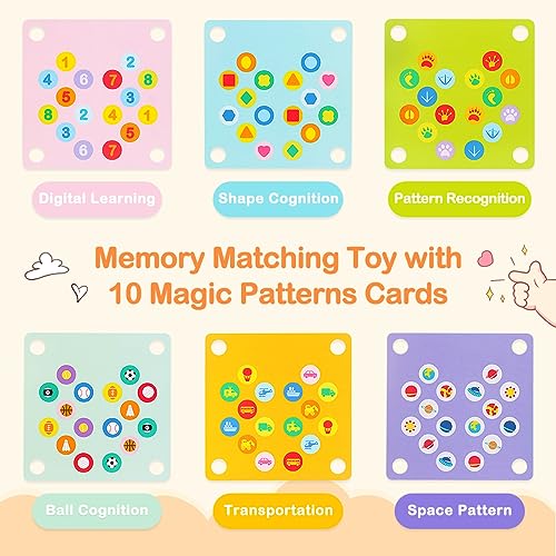 Memory Match - Juego de mesa de madera para niños con 6 patrones mágicos, números de rompecabezas a juego, juguetes de aprendizaje de desarrollo para niños de 3, 4, 5 años