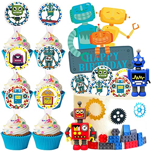 MEZHEN Robot Cake Deco Niño Cake Deco Robot Figuras Feliz Cumpleaños Cake Topper Pastel de Cumpleaños Niños Decoración de Pastel de Cumpleaños 27 Piezas