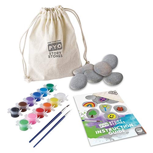 MindWare Paint Your Own Story Stones & Storytelling Game para niños – Kit de bricolaje incluye 16 piedras, 12 pinturas, 2 pinceles y bolsa