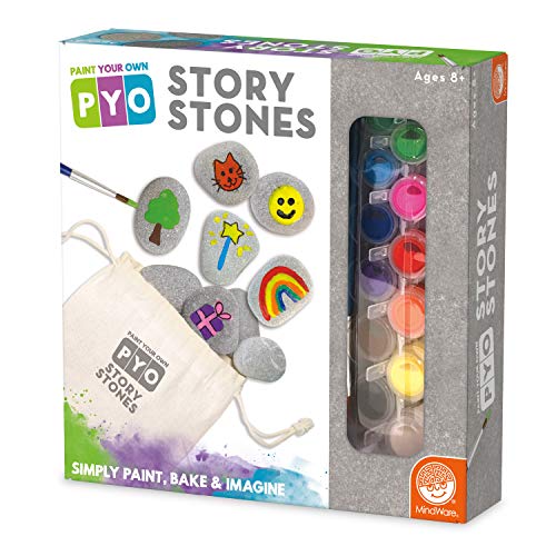 MindWare Paint Your Own Story Stones & Storytelling Game para niños – Kit de bricolaje incluye 16 piedras, 12 pinturas, 2 pinceles y bolsa