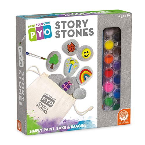 MindWare Paint Your Own Story Stones & Storytelling Game para niños – Kit de bricolaje incluye 16 piedras, 12 pinturas, 2 pinceles y bolsa