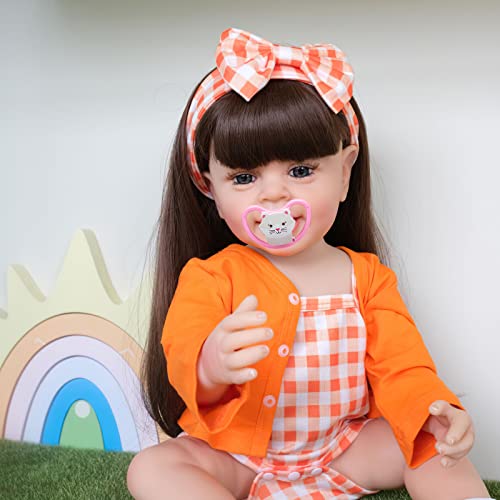 MineeQu 22 Pulgadas Pelo Largo y Recto Vinilo de Silicona de Cuerpo Completo renacido muñeca Aspecto Real Sonriente recién Nacido Realista niña muñecas con Dientes anatómicamente Correcto