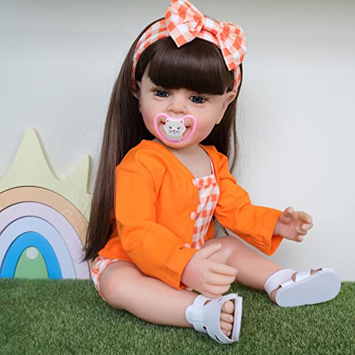 MineeQu 22 Pulgadas Pelo Largo y Recto Vinilo de Silicona de Cuerpo Completo renacido muñeca Aspecto Real Sonriente recién Nacido Realista niña muñecas con Dientes anatómicamente Correcto