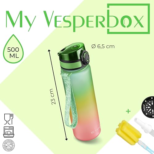 My Vesperbox Minny – Botella infantil a prueba de fugas – 350 ml, 500 ml, 750 ml – con pajita o colador – Botella de agua ligera Tritan – sin BPA – para guardería, escuela (arco iris 500 ml)