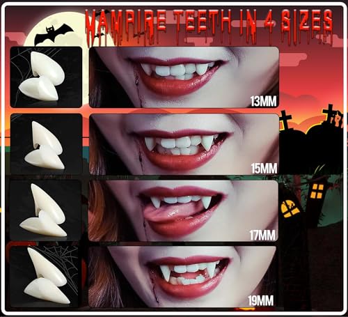 Notwoe 4 tamaños de dientes de vampiro, dientes de vampiro con 1 tubo de pegamento para pellets de vampiro, dentaduras postizas falsas, para fiesta de Halloween, Pascua, cosplay, disfraz de vampiro,