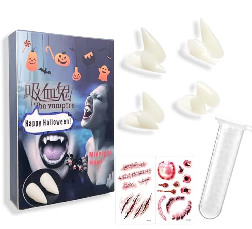 Notwoe 4 tamaños de dientes de vampiro, dientes de vampiro con 1 tubo de pegamento para pellets de vampiro, dentaduras postizas falsas, para fiesta de Halloween, Pascua, cosplay, disfraz de vampiro,