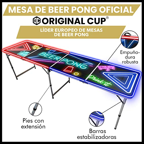 Original Cup® - Mesa de Beer Pong Iluminada con Luces de Neón Rojas y Azules - Plegable y Transportable con Revestimiento Impermeable Anti Rayos - Aprobada para Torneos de Beer Pong - Juego