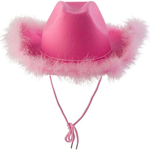 Patchwork Sombrero rosa con plumas Fluffy Feather Brim Tamaño adulto Sombrero de vaquero con plumas para despedida de soltera Fiesta de disfraces Jugar Vestir Trajes para mujeres De (Pink, One Size)