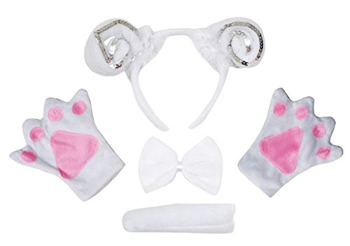 Petitebelle Diadema Bowtie Guantes de cola Disfraz de 4 piezas Un tamaño Cabra Blanca ovejas Plata