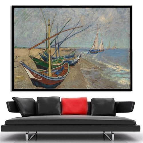 Pintura por números para adultos, kits de pesca en la playa en Les Saintes Maries de la Mer. Pintura png por Vincent Van Gogh DIY pintura por números kits en lienzo 20 x 30 cm