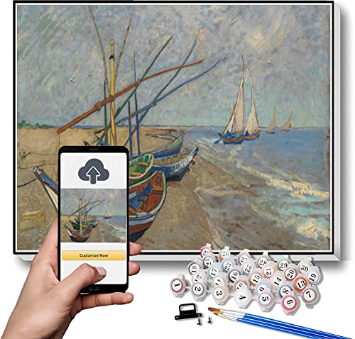 Pintura por números para adultos, kits de pesca en la playa en Les Saintes Maries de la Mer. Pintura png por Vincent Van Gogh DIY pintura por números kits en lienzo 20 x 30 cm