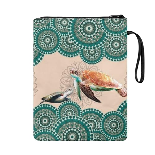 Poceacles Fundas de libro con estampado de tortuga de mandala bohemio para tapa dura, funda de libro para amantes de los libros, bolsa de almacenamiento con cremallera para adolescentes y adultos