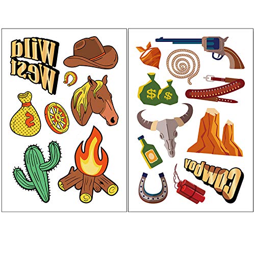 Qpout Western Cowboy Tatuajes Temporales, Western Wild West dibujos animados tatuajes falsos a prueba de agua pegatinas West fiesta Rodeo cumpleaños Cowboy Decoración de fiesta(6 hojas)