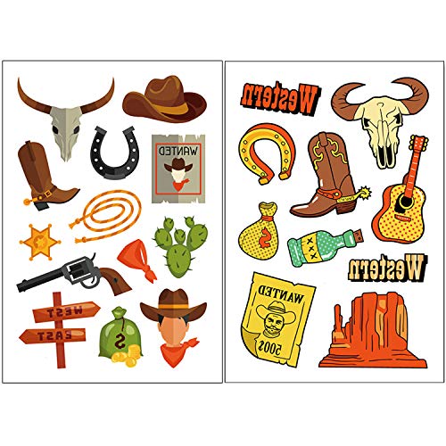Qpout Western Cowboy Tatuajes Temporales, Western Wild West dibujos animados tatuajes falsos a prueba de agua pegatinas West fiesta Rodeo cumpleaños Cowboy Decoración de fiesta(6 hojas)