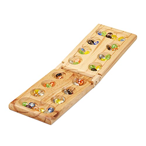 Relaxdays 1 Mancala Juego de Mesa, 2 Jugadores, Madera, Marrón Natural, 2 x 44 x 13 cm