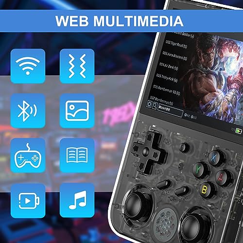 RG353V Consola de juegos portátil compatible con sistema Dual OS Android 11 y Linux, soporte 2.4G/5G WiFi 4.2 Bluetooth 64G tarjeta SD, batería de alta capacidad de 3200 mAh, color negro transparente