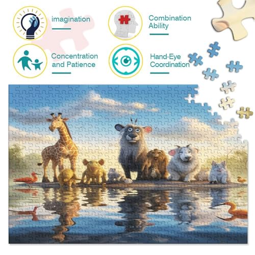 Rompecabezas de Madera de 300 Piezas con Reflejo de Animales para Adultos, Rompecabezas Rectangular Creativo, Juego de desafío para Ejercicios cerebrales, Regalo para niños, 300 Piezas (40x28 cm)