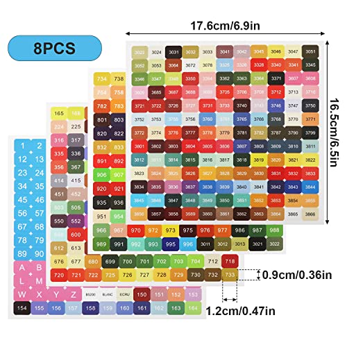 SAVITA 8 Pegatinas Números Colores, 447 Colores con DMC Etiqueta Pegatinas Letras Impermeables Autoadhesivas para Clasificar Cajas de Almacenamiento de Pintura de Arte con Diamantes (2 Juegos)