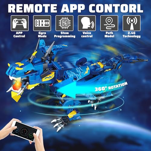 Sealilac Juguete de Dragón Teledirigido para Niños, Juguetes de Construcción de Dragón Regalo para Niños, Dragón Juguete Tecnología Teledirigida y Control de App Juguete para Niños y Niñas (Azul)