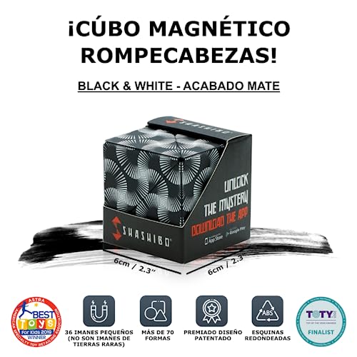 Shashibo Rompecabezas para Niños - Premiado Cubo Magnético Patentado con 36 Imanes de Tierras Raras - Asombroso Rompecabezas 3D– Juguete para Adultos Cubo Shashibo con más de 70 Formas (Black & White)