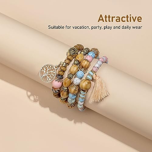 Sorandy 9 Juegos de Pulseras de Cuentas Bohemias de Madera para Mujeres y Niñas, Juego de Pulseras Apilables de árbol de la Vida, Coloridas Pulseras con Dijes Bohemios de Varias Capas