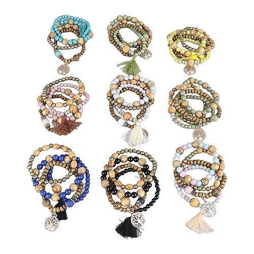 Sorandy 9 Juegos de Pulseras de Cuentas Bohemias de Madera para Mujeres y Niñas, Juego de Pulseras Apilables de árbol de la Vida, Coloridas Pulseras con Dijes Bohemios de Varias Capas