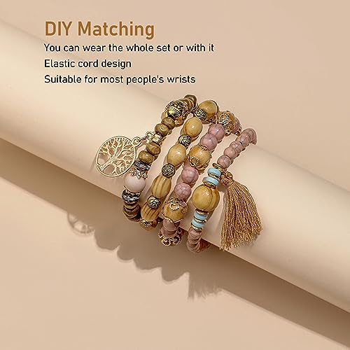 Sorandy 9 Juegos de Pulseras de Cuentas Bohemias de Madera para Mujeres y Niñas, Juego de Pulseras Apilables de árbol de la Vida, Coloridas Pulseras con Dijes Bohemios de Varias Capas