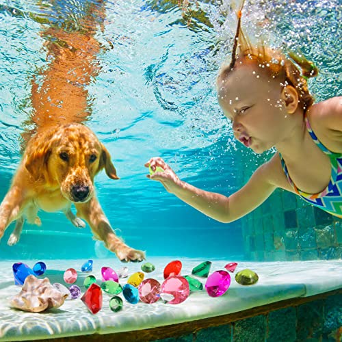 Suilung 13 Piezas Set de Juguetes de Natación Juguete de Piscina, 12 Juguetes de Gema de Buceo Juguete de Tesoro de Diamante de Acrílico 1 Caja de Tesoro de Plástico para Juego de Agua Niños Verano