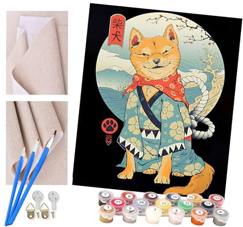 ToeTs Pintar por Numeros Adultos Niños Pintura por Numeros con Pinceles Lienzo y Pinturas Acrilicas Perro mascota samurái japonés Shiba Inu DIY Kit Pinturas para el Hogar Cuadros (40 * 50cm)