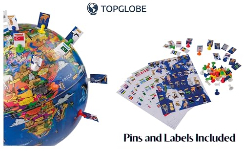 TOPGLOBE Globo terráqueo de 26 cm. "Mi mundo" Pantalla gráfica + Pasadores de succión de seguridad + Tarjetas con pines + Soportes gráficos desmontables